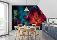 Moody Teal and Crimson Petals Wall Mural