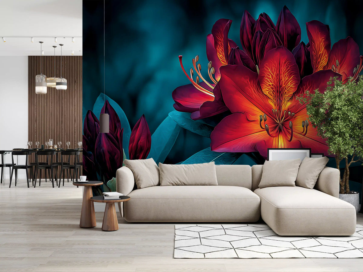 Moody Teal and Crimson Petals Wall Mural
