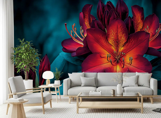 Murale da parete con petali color verde petrolio e cremisi, dall’atmosfera intensa
