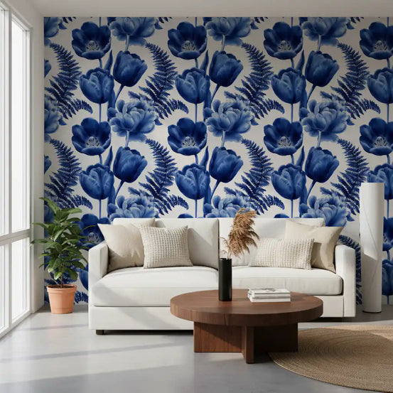 Papier peint « Croquis botanique indigo de tulipes et de fougères »