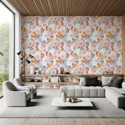 Speels bloemenbehang in blush en koper
