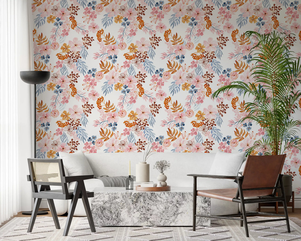 Verspielte Blush- und Kupfer-Blumentapete
