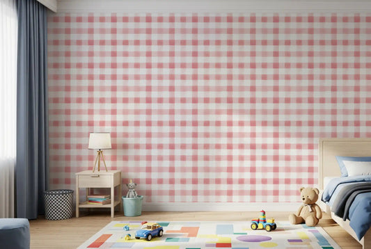 Gingham wallpaper in a kids bedroom with blue bedding, a teddy bear and a colorful play rug GD13829