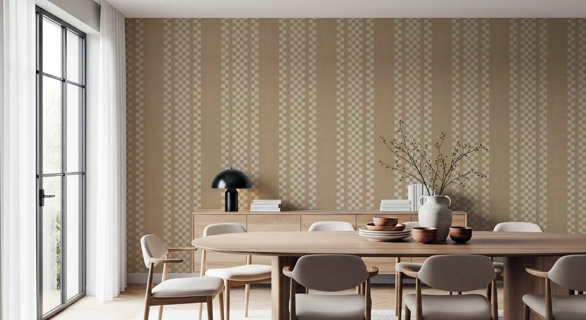 Ticking Checker Stripes - Beige Canvas Wallpaper⁠
