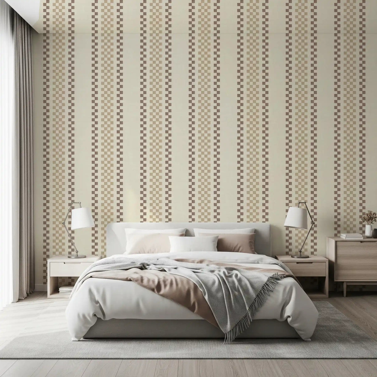 Ticking Checker-striber - beige og chokolade-tapet