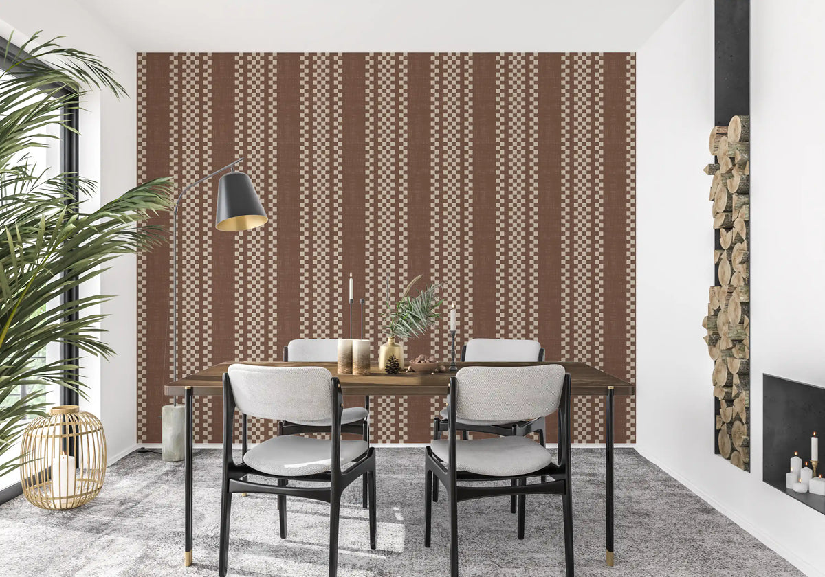 Ticking Checker Stripes - Chocolate Canvas Wallpaper⁠