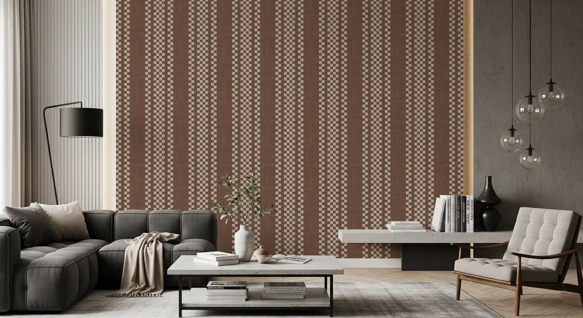 Ticking Checker Stripes - Chocolate Canvas Wallpaper⁠