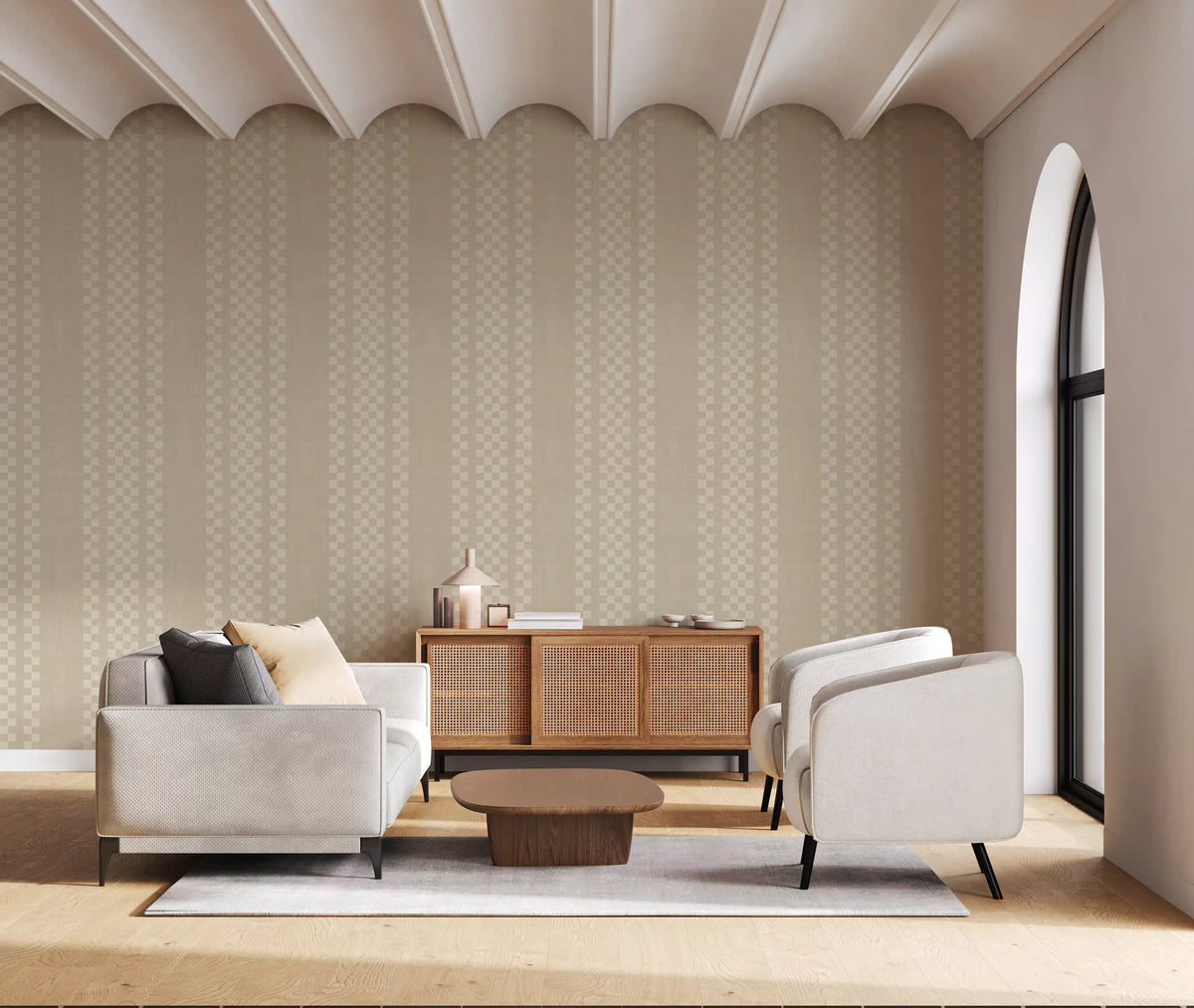 Ticking Checker Stripes - Cream Canvas Wallpaper⁠