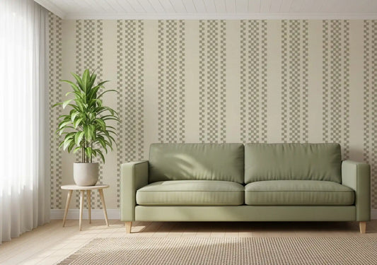Ticking Checker Stripes - Sage Wallpaper⁠