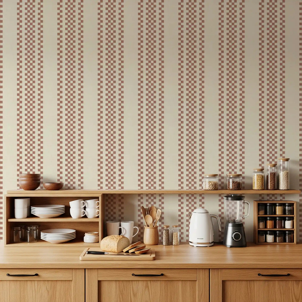 Papel de parede às riscas axadrezadas finas - terracota