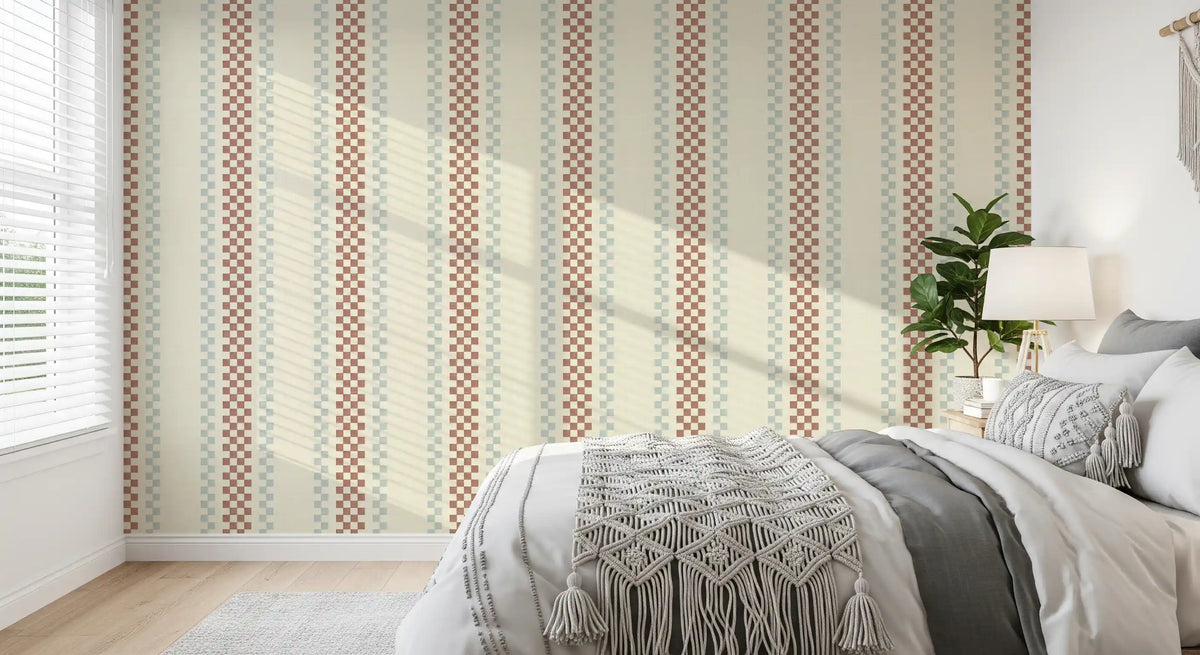 Ticking Checker Stripes - Terracotta & Watery Wallpaper⁠