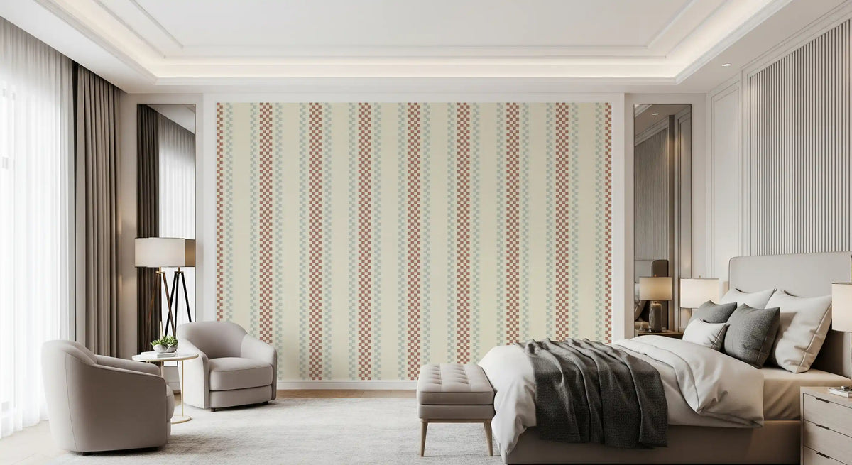 Ticking Checker Stripes - Terracotta & Watery Wallpaper⁠