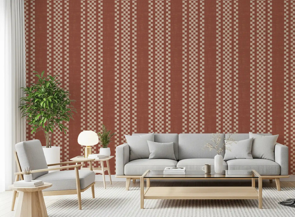 Tapeta ścienna płócienna Ticking Checker Stripes - terakota