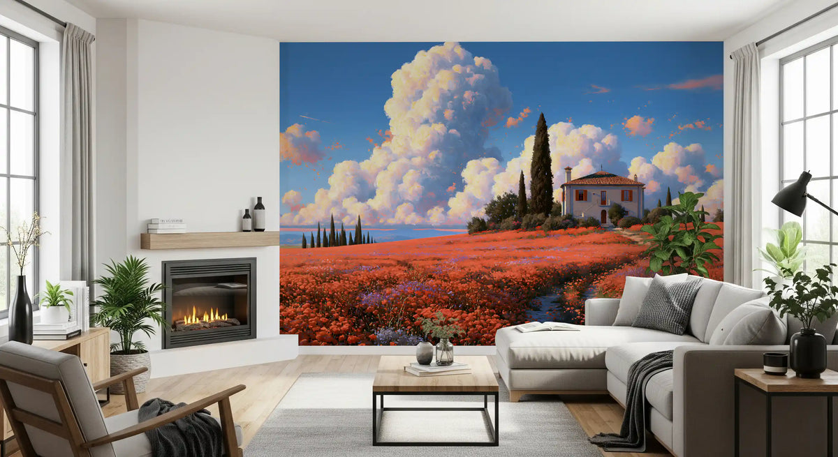 Murale da parete Villa nel prato di papaveri toscani