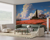 Murale da parete Villa nel prato di papaveri toscani