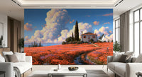 Murale da parete Villa nel prato di papaveri toscani