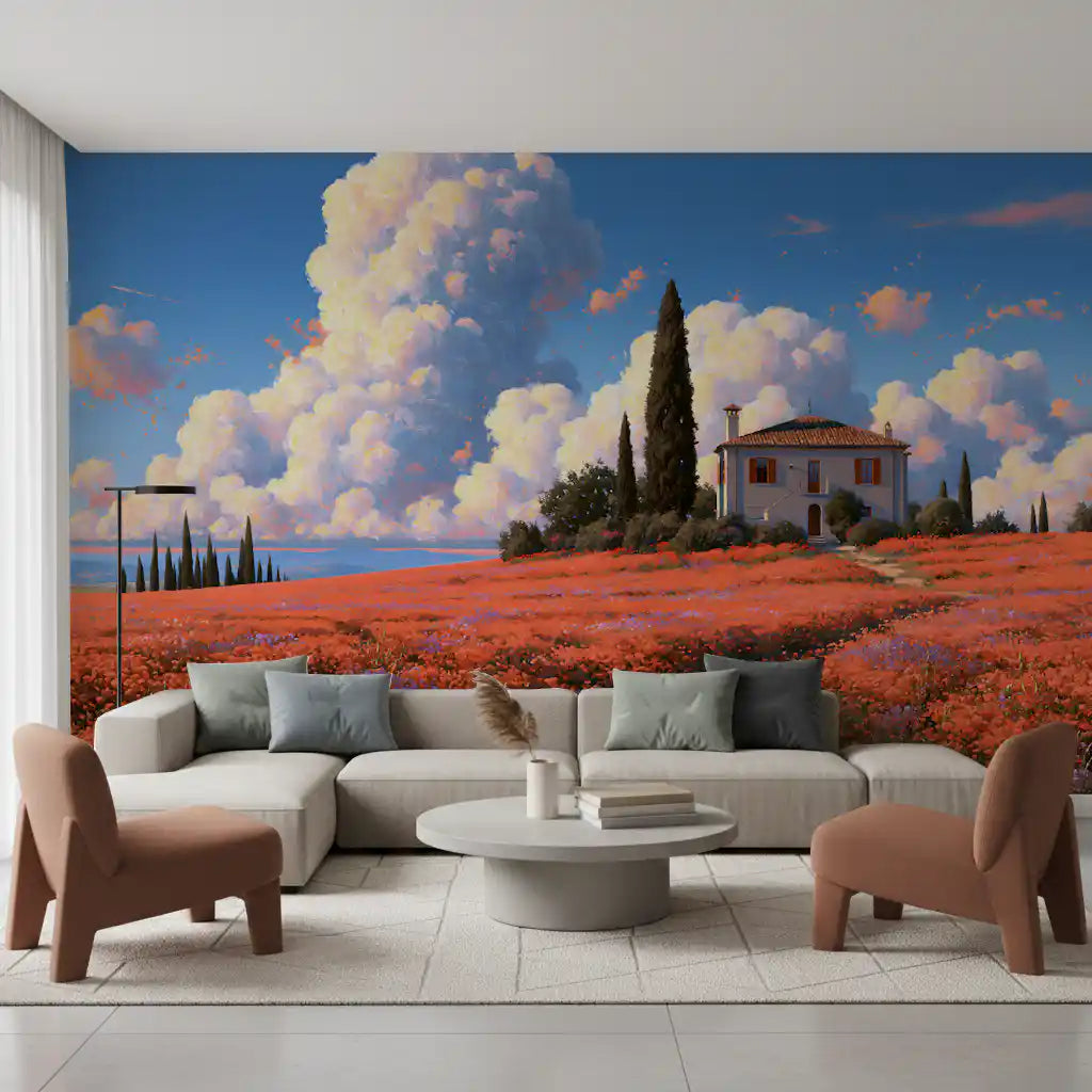 Murale da parete Villa nel prato di papaveri toscani