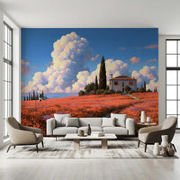 Murale da parete Villa nel prato di papaveri toscani