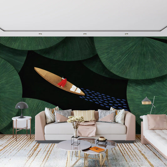 Papier peint panoramique « Voyageur solitaire parmi des nénuphars verts »