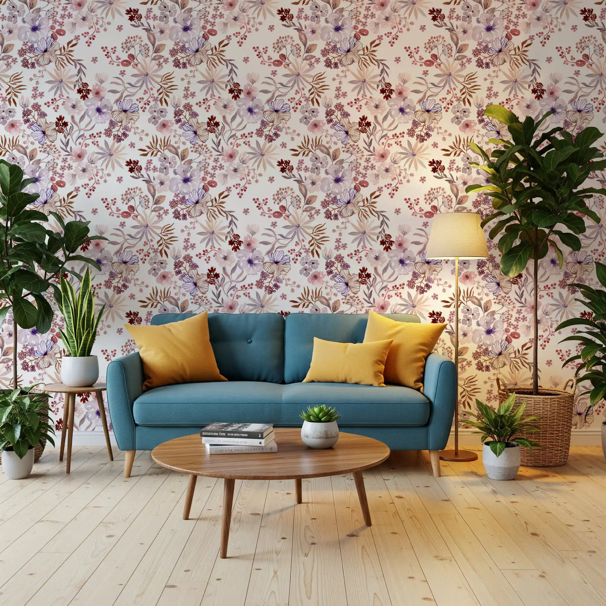 Papier peint botanique Boho mauve à motifs esquissés
