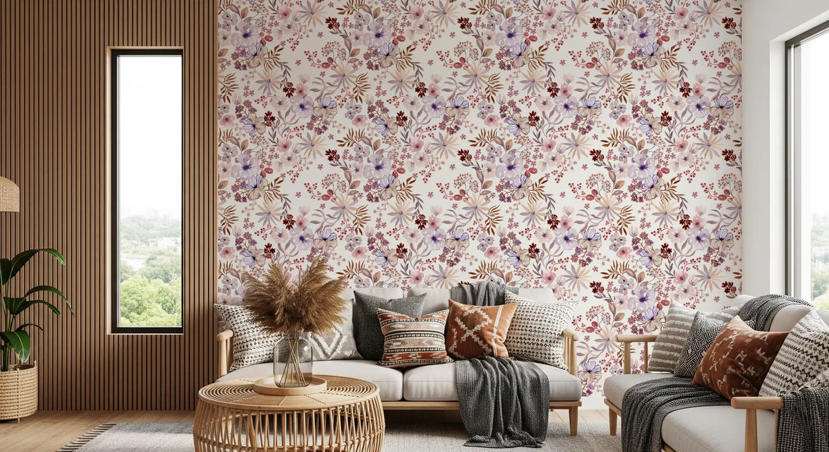 Papier peint botanique Boho mauve à motifs esquissés