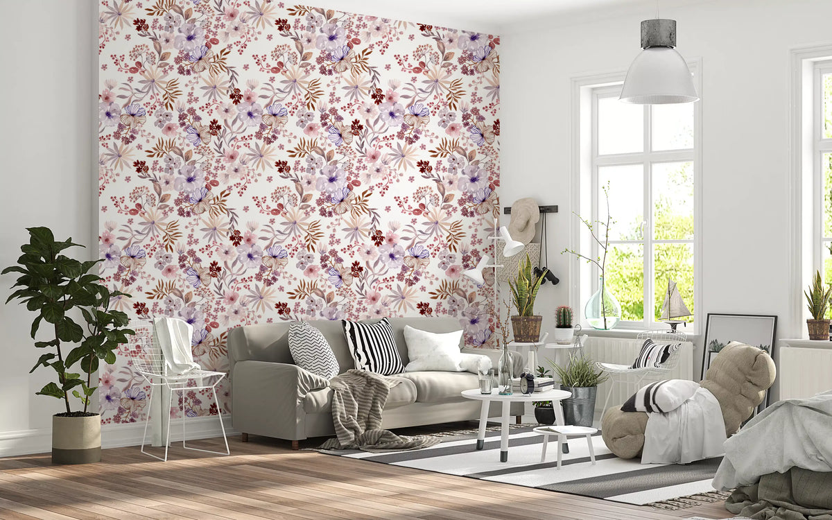 Papier peint botanique Boho mauve à motifs esquissés