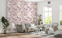 Papier peint botanique Boho mauve à motifs esquissés
