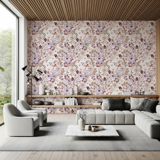 Boho-mauvefarbene Tapete mit botanischen Skizzen