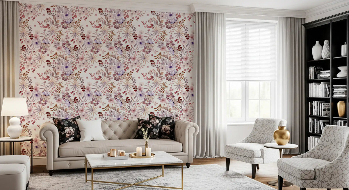 Papier peint botanique Boho mauve à motifs esquissés
