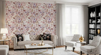 Papier peint botanique Boho mauve à motifs esquissés