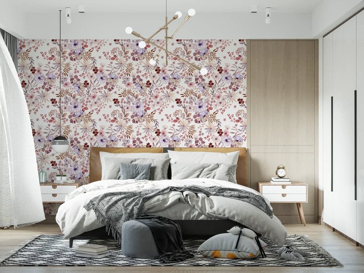 Papier peint botanique Boho mauve à motifs esquissés