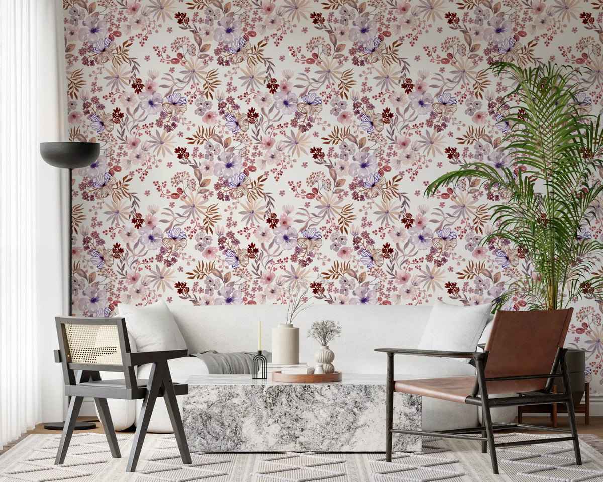 Papier peint botanique Boho mauve à motifs esquissés