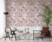 Papier peint botanique Boho mauve à motifs esquissés