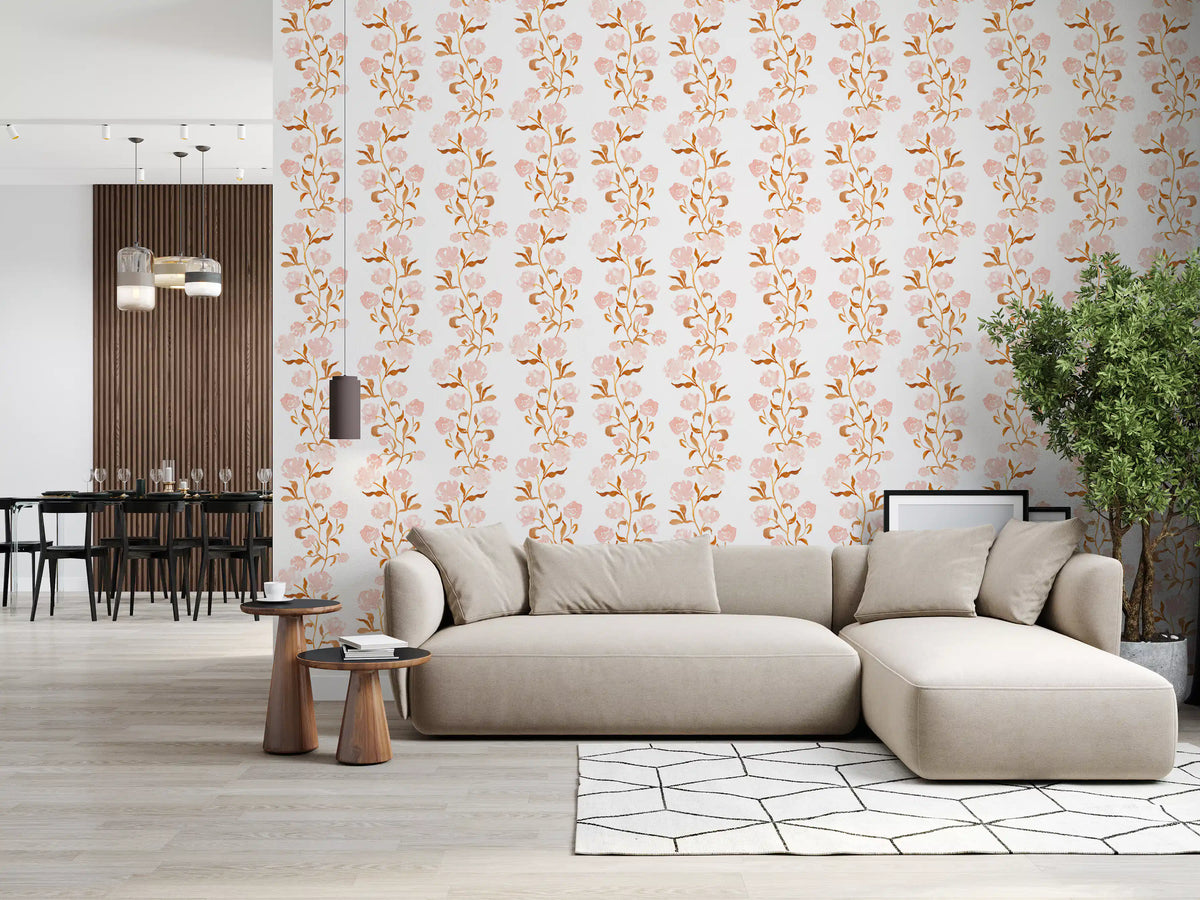 Aquarell-Blush- und Kupfer-Ranken-Blumentapete
