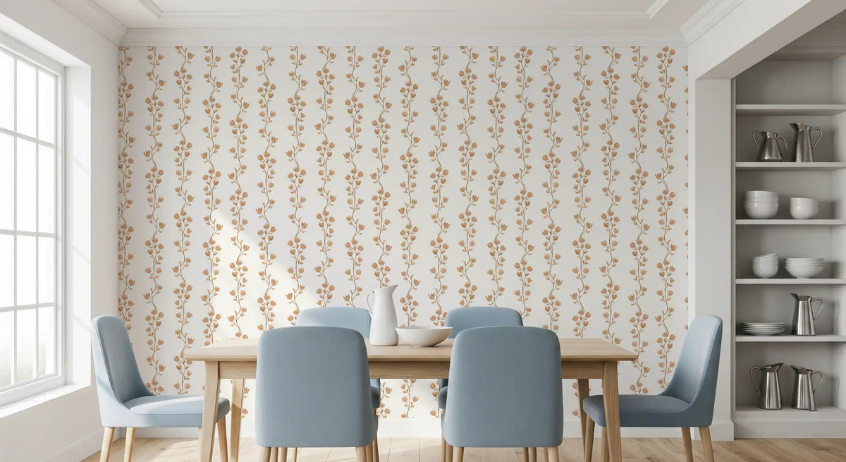 Botanical wallpaper in a dining room with pale blue chairs and built-in white shelves GD13871
