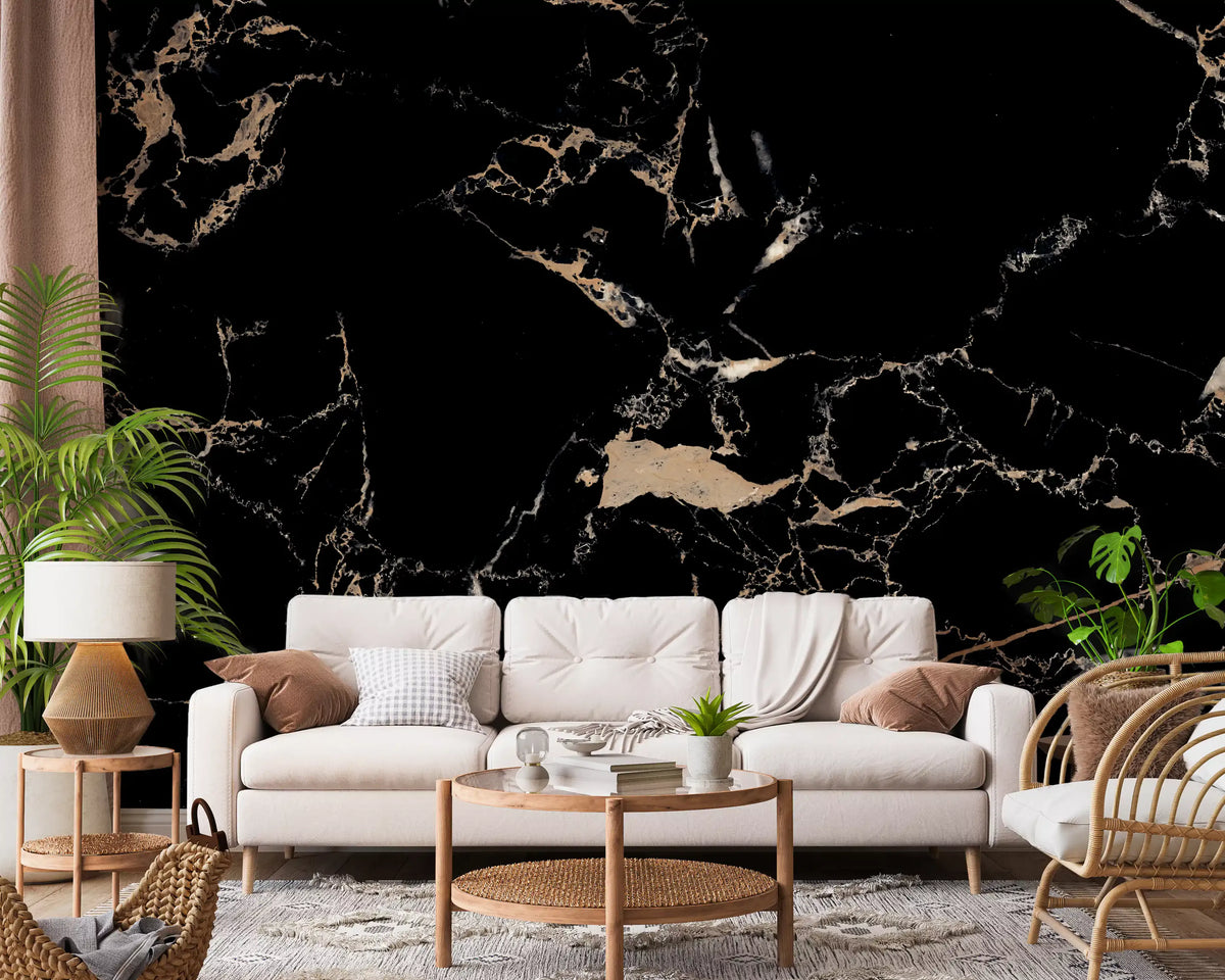 Luxe zwart-gouden marmeren behang en wandmuurschildering