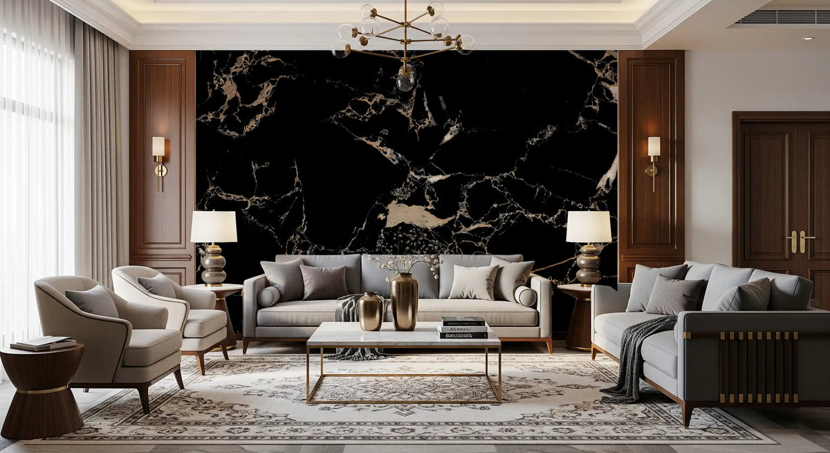 Luxe zwart-gouden marmeren behang en wandmuurschildering