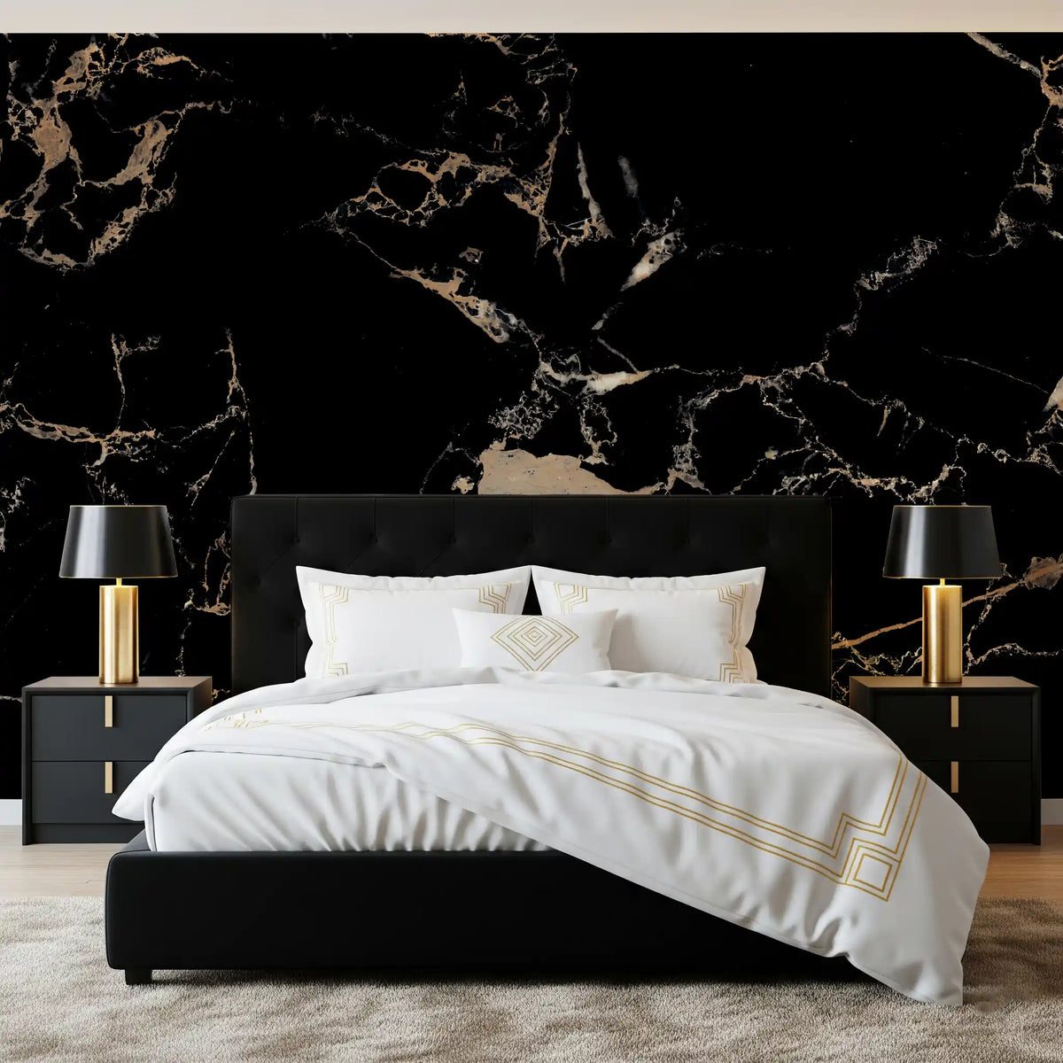 Luxe zwart-gouden marmeren behang en wandmuurschildering