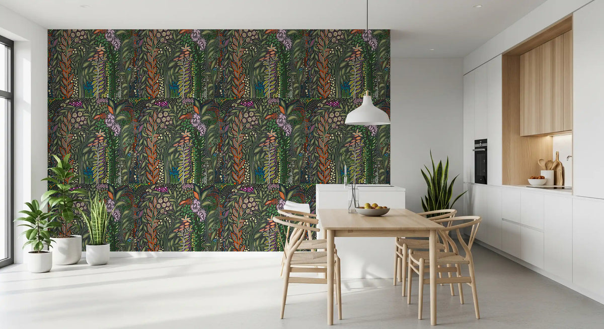 Dunkle botanische Wiesen-Tapisserie-Tapete