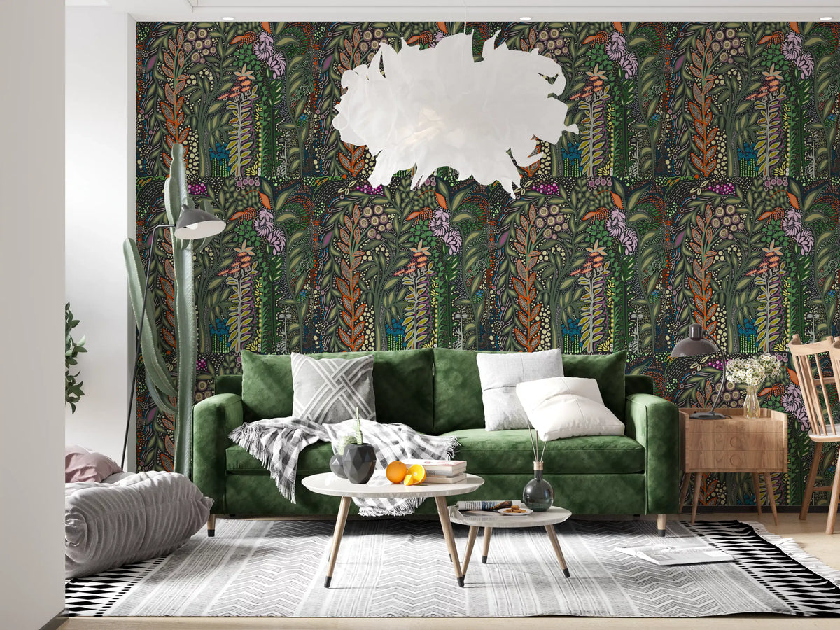 Dunkle botanische Wiesen-Tapisserie-Tapete