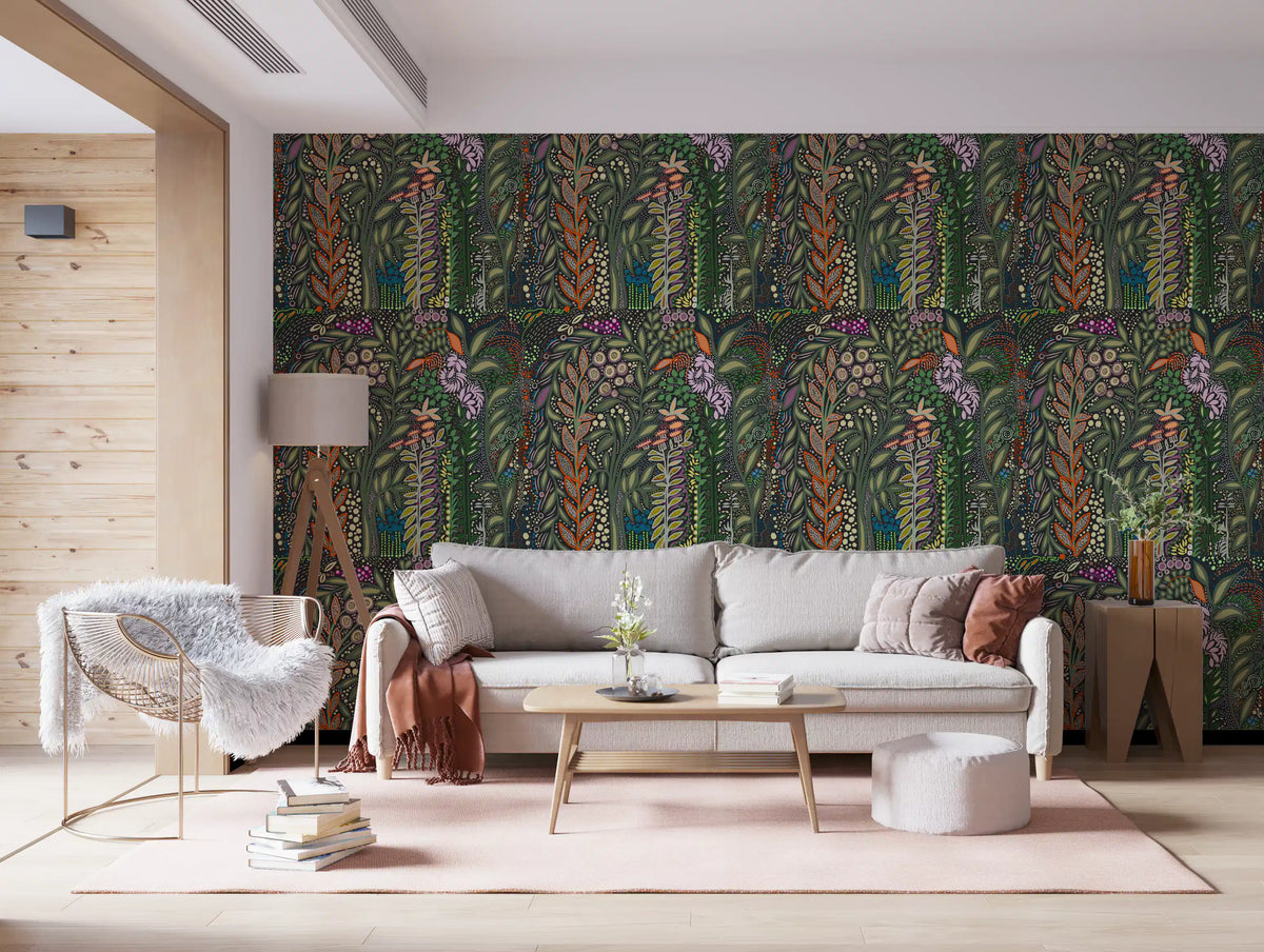 Dunkle botanische Wiesen-Tapisserie-Tapete