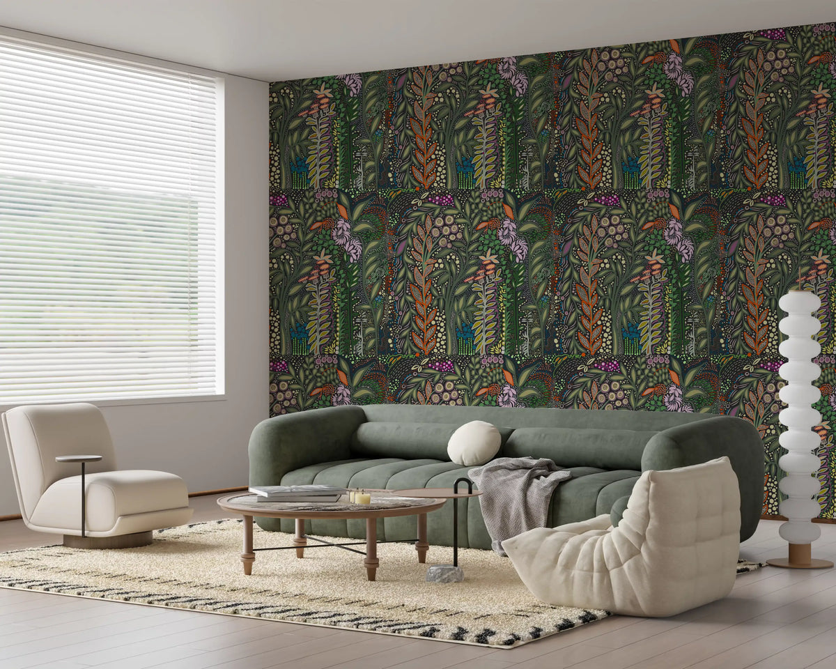 Dunkle botanische Wiesen-Tapisserie-Tapete