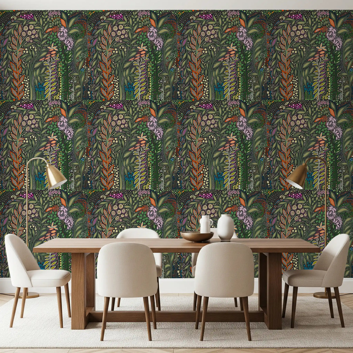 Dunkle botanische Wiesen-Tapisserie-Tapete
