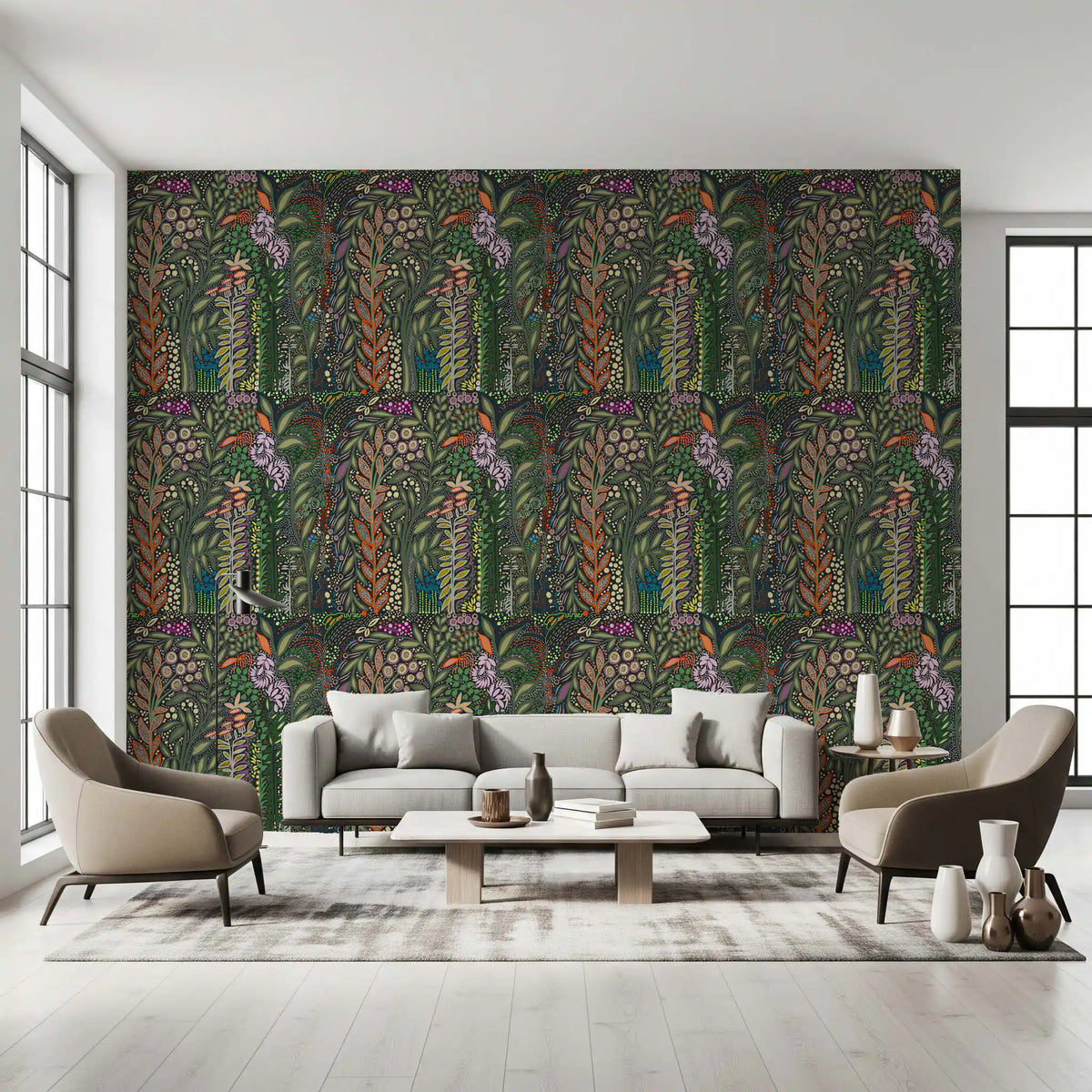 Dunkle botanische Wiesen-Tapisserie-Tapete