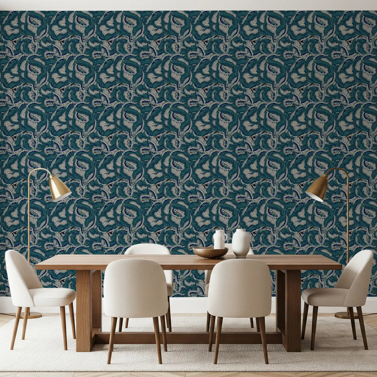 Behang met textuur en petrolkleurige golven