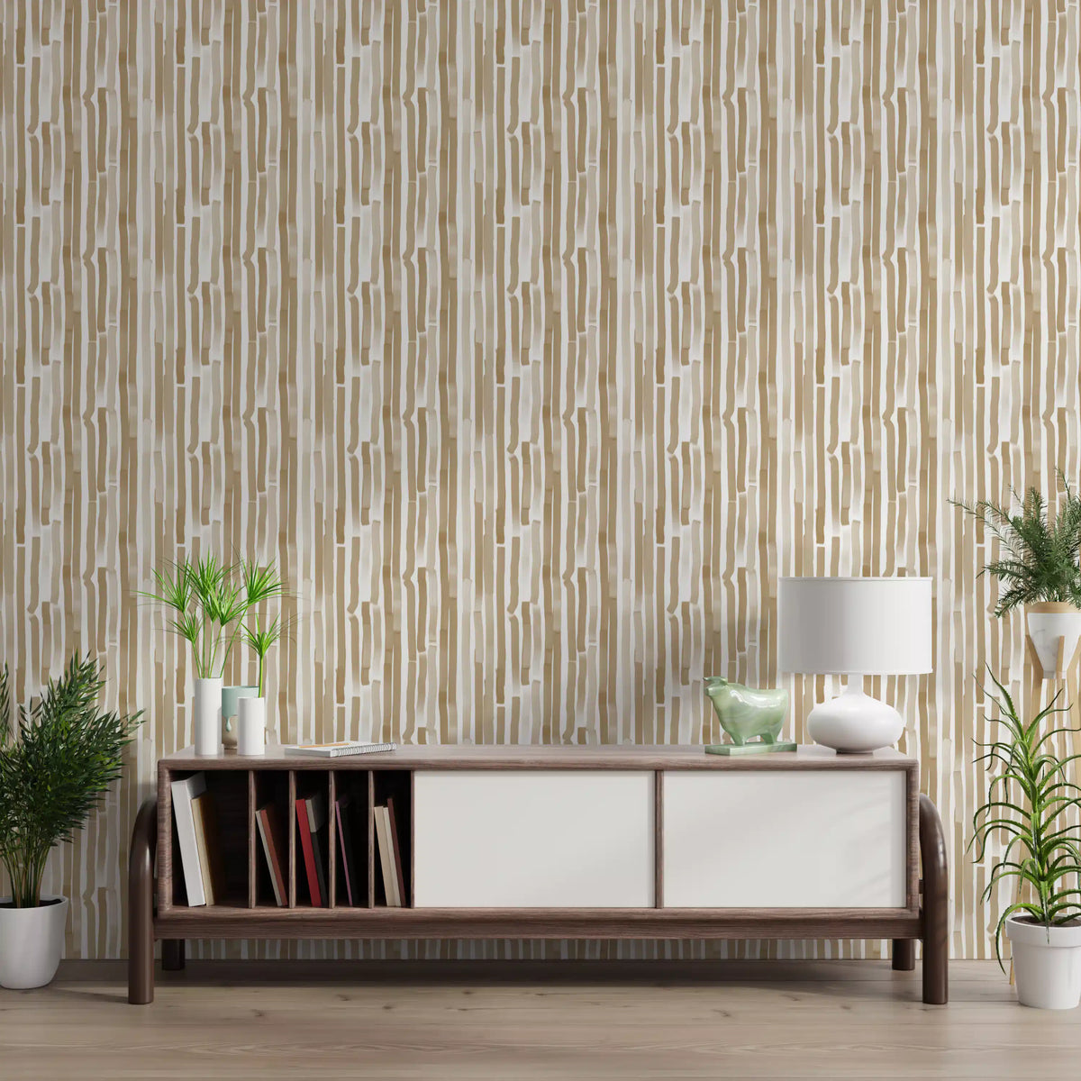 Minimalistisk tapet med myke beige vertikale penselstrøk