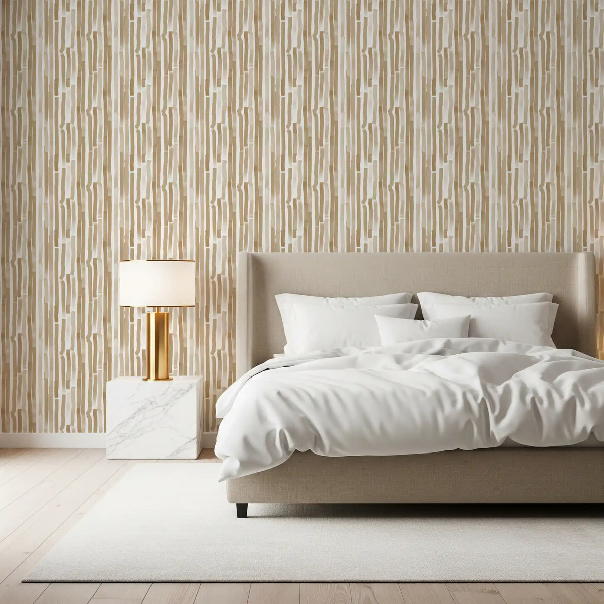 Minimalistisk tapet med myke beige vertikale penselstrøk