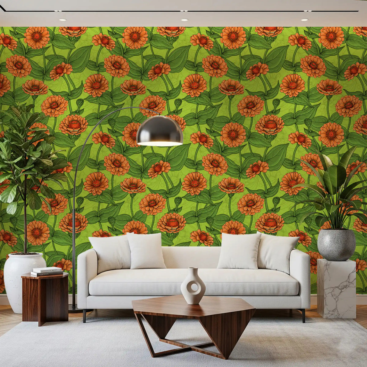 Papier peint de jardin de zinnias orange éclatant⁠