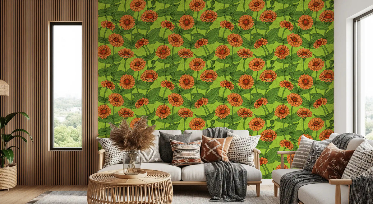 Papier peint de jardin de zinnias orange éclatant⁠