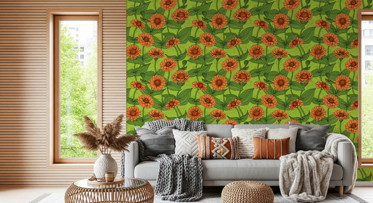 Papier peint de jardin de zinnias orange éclatant⁠